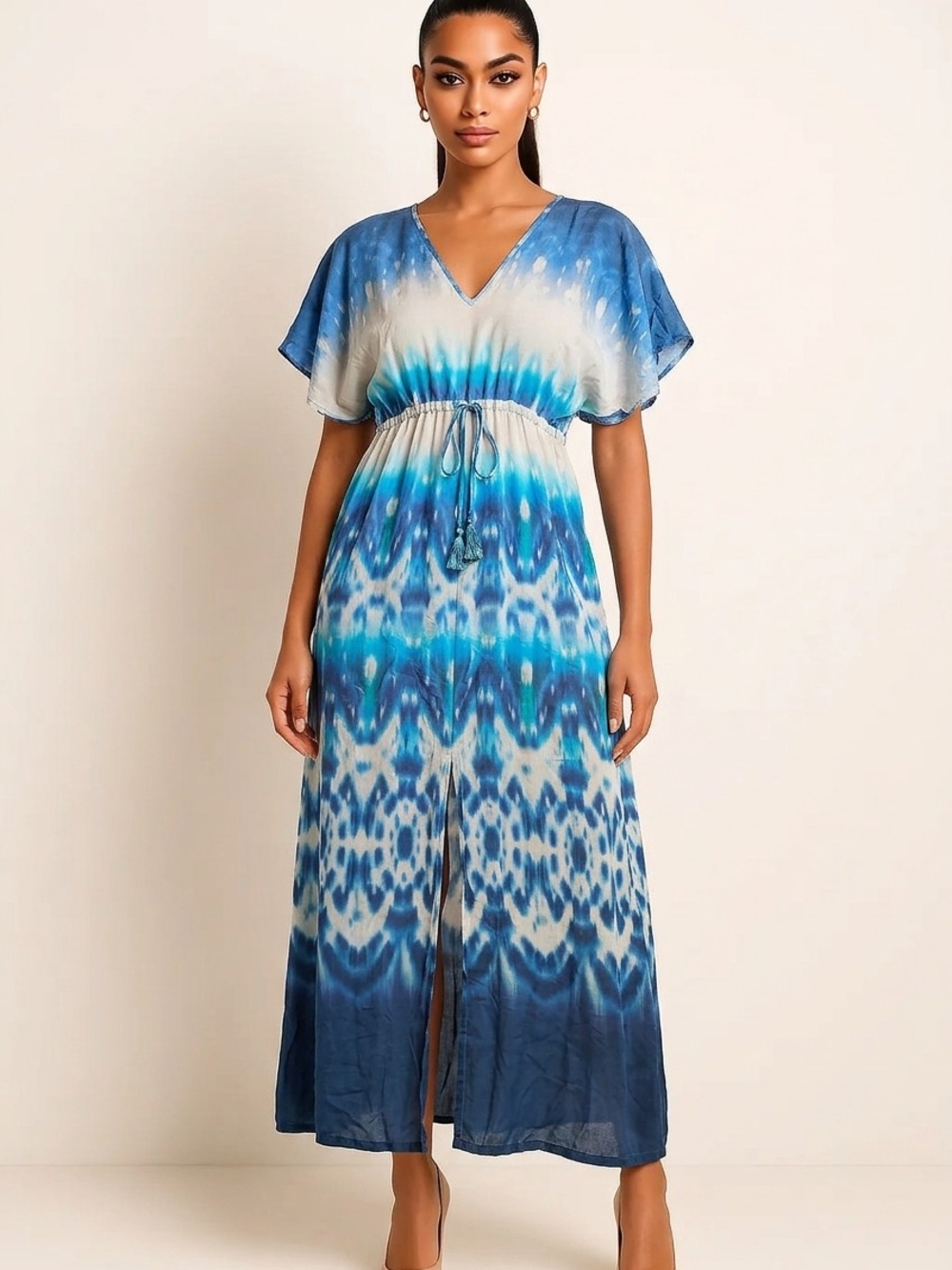 Vix Paula Hermanny Blue Tie Dye Silk Maxi Dress Resortwear Drawstring